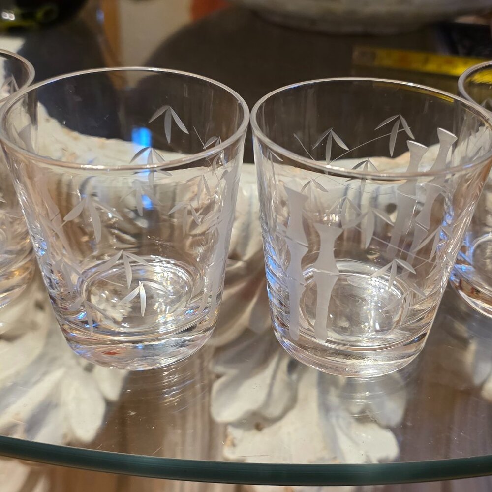 Noritake Sasaki Japan Etched Bamboo Old Fashioned Glasses MCM Barware Set of 4